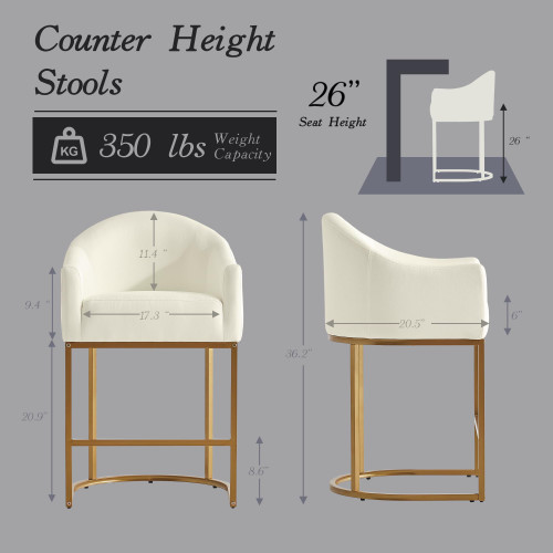 Counter Height Bar Stools Set of 4,Modern Counter Height Bar Stools,Fabric Upholstered Barrel Barstools with Backs,26'' Kitchen Island Chairs,Metal Gold Frames,Off White Linen