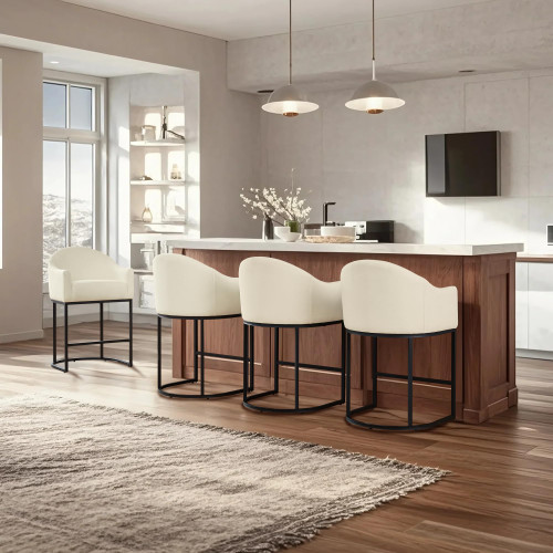 Counter Height Bar Stools Set of 4,Modern Counter Height Bar Stools,Fabric Upholstered Barrel Barstools with Backs,26'' Kitchen Island Chairs,Metal Black Frames,Off White Linen