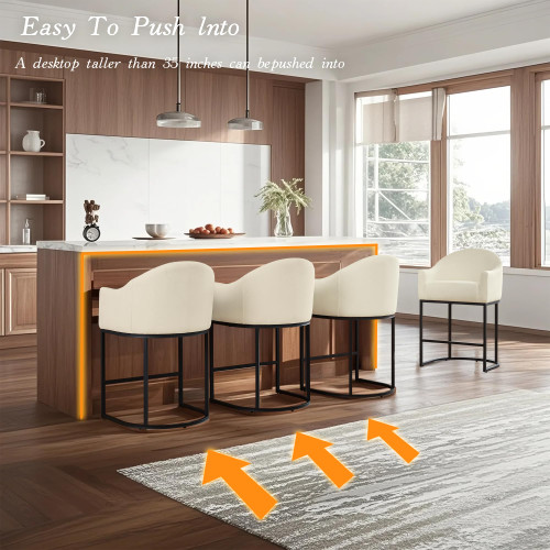 Counter Height Bar Stools Set of 4,Modern Counter Height Bar Stools,Fabric Upholstered Barrel Barstools with Backs,26'' Kitchen Island Chairs,Metal Black Frames,Off White Linen