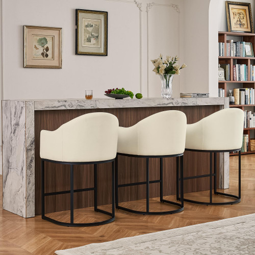 Counter Height Bar Stools Set of 4,Modern Counter Height Bar Stools,Fabric Upholstered Barrel Barstools with Backs,26'' Kitchen Island Chairs,Metal Black Frames,Off White Linen