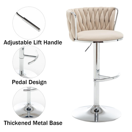 Velvet Bar Stools Set of 2, Swivel Counter Height Bar Stools with Back, Adjustable Woven Barstools for Kitchen Island, Pub, Club (Beige)