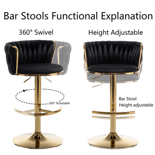 Gold Velvet Bar Stools Set of 2, Swivel Counter Height Bar Stools with Back, Adjustable Woven Barstools for Kitchen Island, Pub, Club (Black)