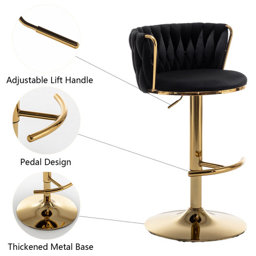 Gold Velvet Bar Stools Set of 2, Swivel Counter Height Bar Stools with Back, Adjustable Woven Barstools for Kitchen Island, Pub, Club (Black)