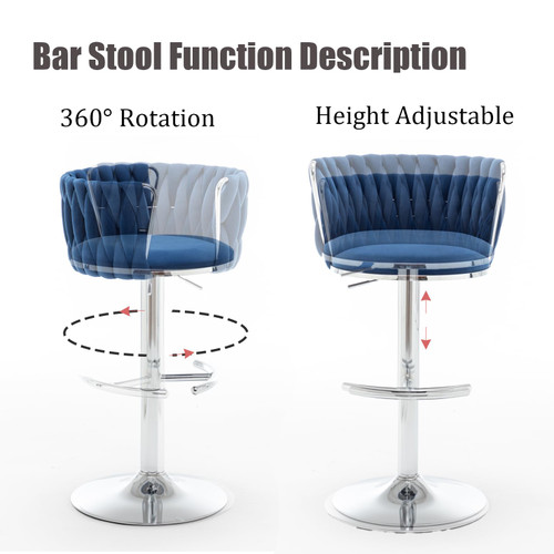 Velvet Bar Stools Set of 2, Swivel Counter Height Bar Stools with Back, Adjustable Woven Barstools for Kitchen Island, Pub, Club (Blue)