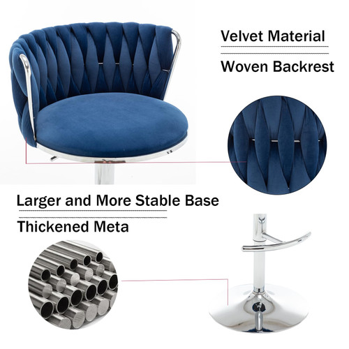 Velvet Bar Stools Set of 2, Swivel Counter Height Bar Stools with Back, Adjustable Woven Barstools for Kitchen Island, Pub, Club (Blue)