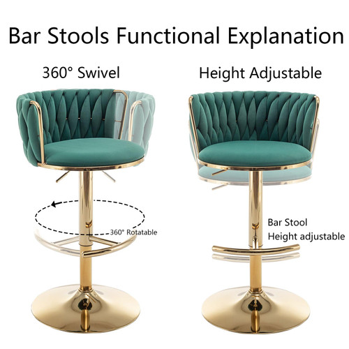 Gold Velvet Bar Stools Set of 2, Swivel Counter Height Bar Stools with Back, Adjustable Woven Barstools for Kitchen Island, Pub, Club (Green)