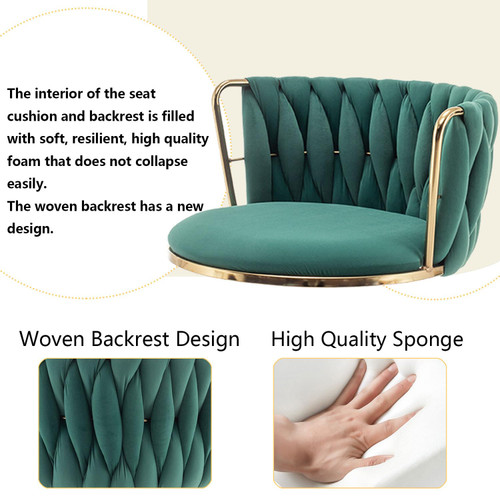 Gold Velvet Bar Stools Set of 2, Swivel Counter Height Bar Stools with Back, Adjustable Woven Barstools for Kitchen Island, Pub, Club (Green)