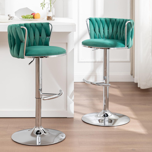 Velvet Bar Stools Set of 2, Swivel Counter Height Bar Stools with Back, Adjustable Woven Barstools for Kitchen Island, Pub, Club (Green)