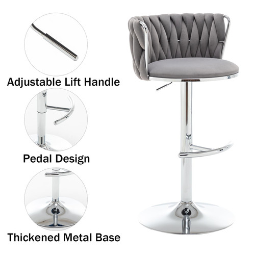 Velvet Bar Stools Set of 2, Swivel Counter Height Bar Stools with Back, Adjustable Woven Barstools for Kitchen Island, Pub, Club (Grey)