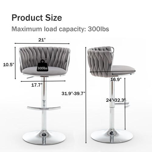 Velvet Bar Stools Set of 2, Swivel Counter Height Bar Stools with Back, Adjustable Woven Barstools for Kitchen Island, Pub, Club (Grey)