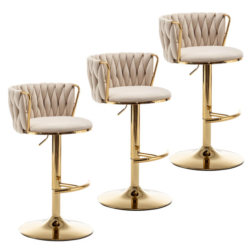 Gold Velvet Bar Stools Set of 3, Swivel Counter Height Bar Stools with Back, Adjustable Woven Barstools for Kitchen Island, Pub, Club (Beige)