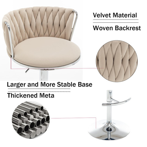 Velvet Bar Stools Set of 3, Swivel Counter Height Bar Stools with Back, Adjustable Woven Barstools for Kitchen Island, Pub, Club (Beige)