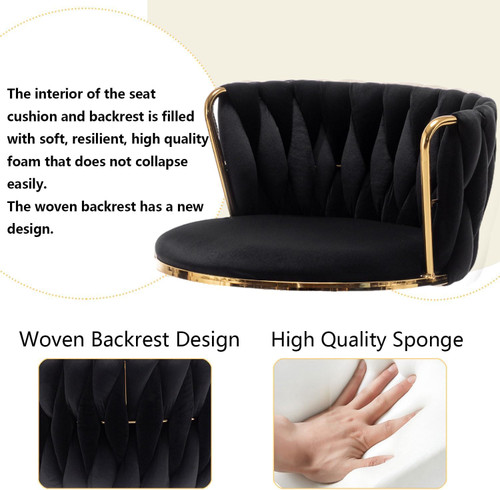 Gold Velvet Bar Stools Set of 3, Swivel Counter Height Bar Stools with Back, Adjustable Woven Barstools for Kitchen Island, Pub, Club (Black)