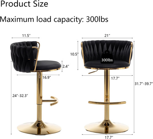 Gold Velvet Bar Stools Set of 3, Swivel Counter Height Bar Stools with Back, Adjustable Woven Barstools for Kitchen Island, Pub, Club (Black)