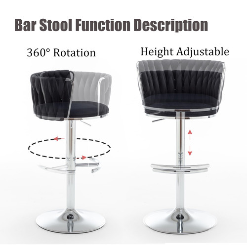 Velvet Bar Stools Set of 3, Swivel Counter Height Bar Stools with Back, Adjustable Woven Barstools for Kitchen Island, Pub, Club (Black)