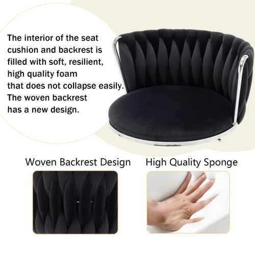 Velvet Bar Stools Set of 3, Swivel Counter Height Bar Stools with Back, Adjustable Woven Barstools for Kitchen Island, Pub, Club (Black)