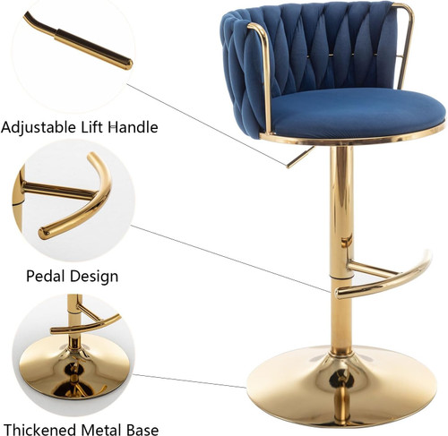Gold Velvet Bar Stools Set of 3, Swivel Counter Height Bar Stools with Back, Adjustable Woven Barstools for Kitchen Island, Pub, Club (Blue)