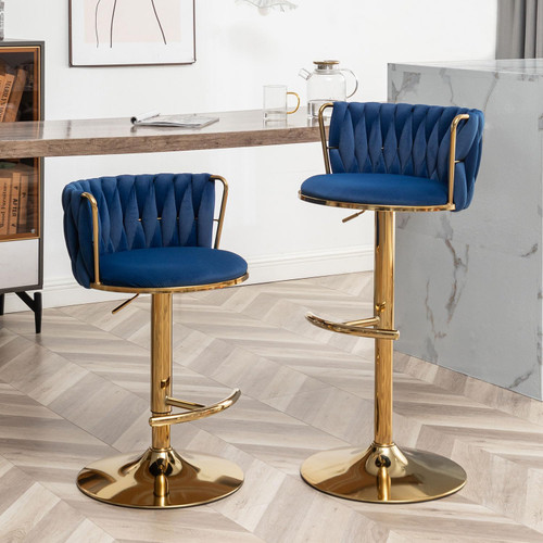 Gold Velvet Bar Stools Set of 3, Swivel Counter Height Bar Stools with Back, Adjustable Woven Barstools for Kitchen Island, Pub, Club (Blue)