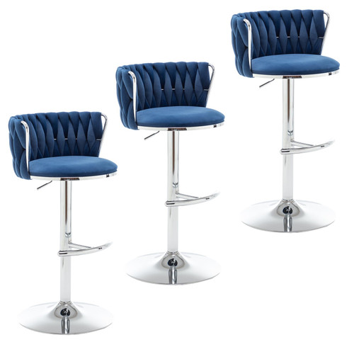 Velvet Bar Stools Set of 3, Swivel Counter Height Bar Stools with Back, Adjustable Woven Barstools for Kitchen Island, Pub, Club (Blue)