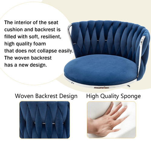 Velvet Bar Stools Set of 3, Swivel Counter Height Bar Stools with Back, Adjustable Woven Barstools for Kitchen Island, Pub, Club (Blue)