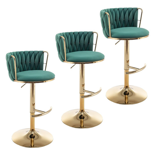 Gold Velvet Bar Stools Set of 3, Swivel Counter Height Bar Stools with Back, Adjustable Woven Barstools for Kitchen Island, Pub, Club (Green)