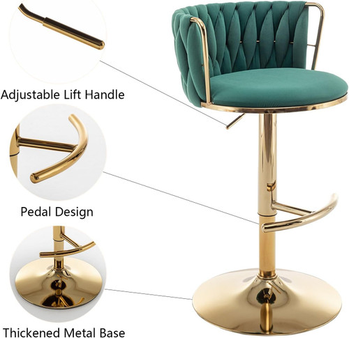 Gold Velvet Bar Stools Set of 3, Swivel Counter Height Bar Stools with Back, Adjustable Woven Barstools for Kitchen Island, Pub, Club (Green)