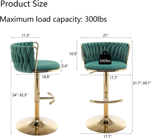 Gold Velvet Bar Stools Set of 3, Swivel Counter Height Bar Stools with Back, Adjustable Woven Barstools for Kitchen Island, Pub, Club (Green)