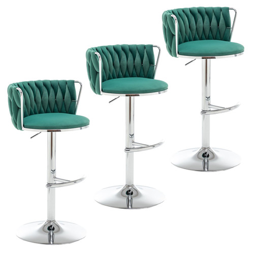 Velvet Bar Stools Set of 3, Swivel Counter Height Bar Stools with Back, Adjustable Woven Barstools for Kitchen Island, Pub, Club (Green)