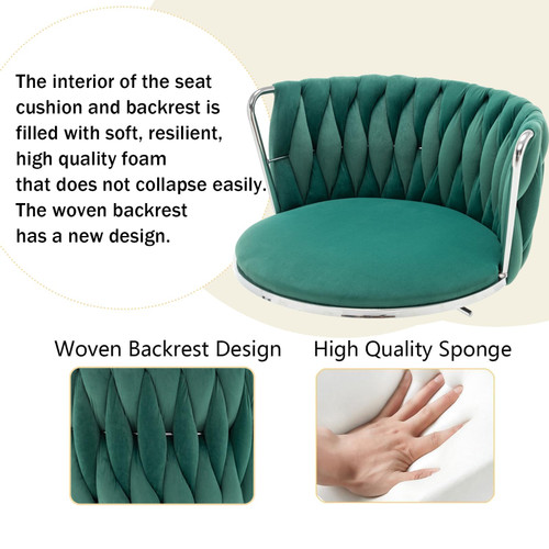 Velvet Bar Stools Set of 3, Swivel Counter Height Bar Stools with Back, Adjustable Woven Barstools for Kitchen Island, Pub, Club (Green)