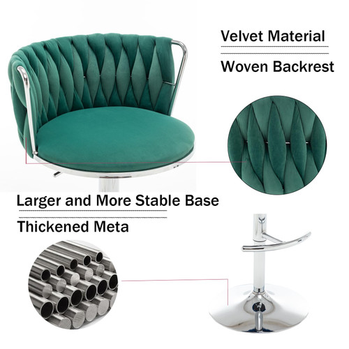 Velvet Bar Stools Set of 3, Swivel Counter Height Bar Stools with Back, Adjustable Woven Barstools for Kitchen Island, Pub, Club (Green)