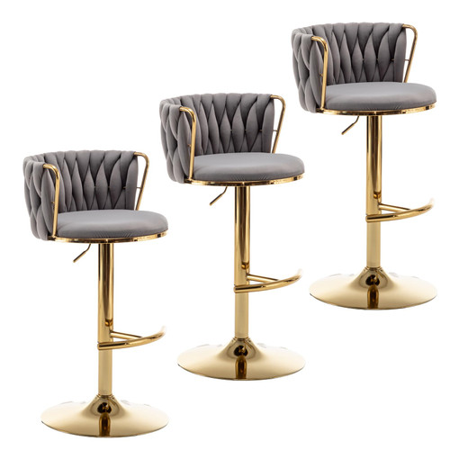 Gold Velvet Bar Stools Set of 3, Swivel Counter Height Bar Stools with Back, Adjustable Woven Barstools for Kitchen Island, Pub, Club (Grey)