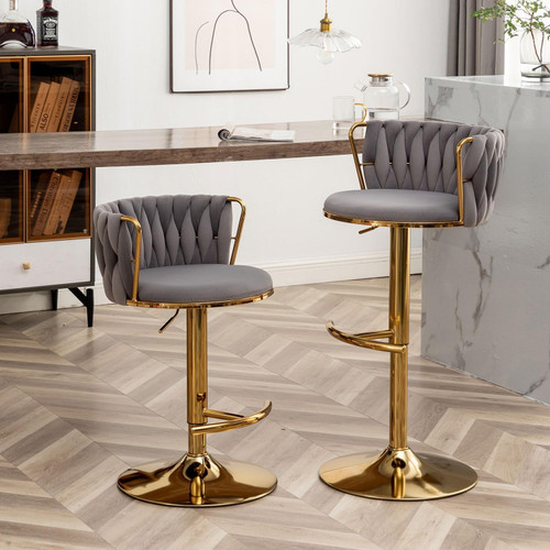 Gold Velvet Bar Stools Set of 3, Swivel Counter Height Bar Stools with Back, Adjustable Woven Barstools for Kitchen Island, Pub, Club (Grey)