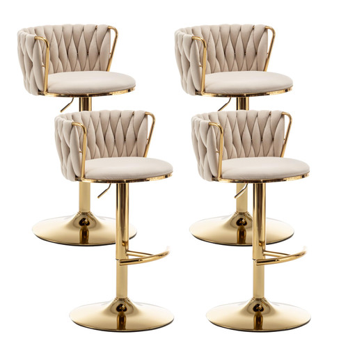 Gold Velvet Bar Stools Set of 4, Swivel Counter Height Bar Stools with Back, Adjustable Woven Barstools for Kitchen Island, Pub, Club (Beige)