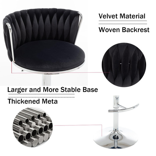 Velvet Bar Stools Set of 4, Swivel Counter Height Bar Stools with Back, Adjustable Woven Barstools for Kitchen Island, Pub, Club (Black)