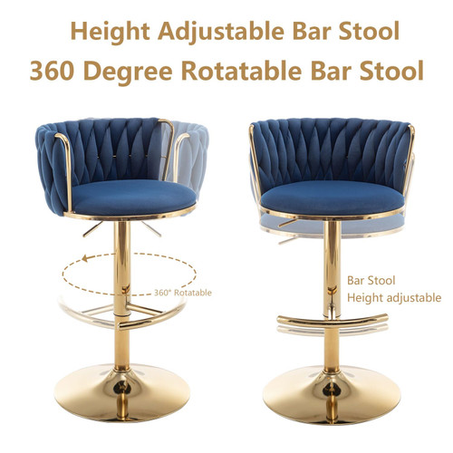 Gold Velvet Bar Stools Set of 4, Swivel Counter Height Bar Stools with Back, Adjustable Woven Barstools for Kitchen Island, Pub, Club (Blue)