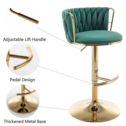 Gold Velvet Bar Stools Set of 4, Swivel Counter Height Bar Stools with Back, Adjustable Woven Barstools for Kitchen Island, Pub, Club (Green)