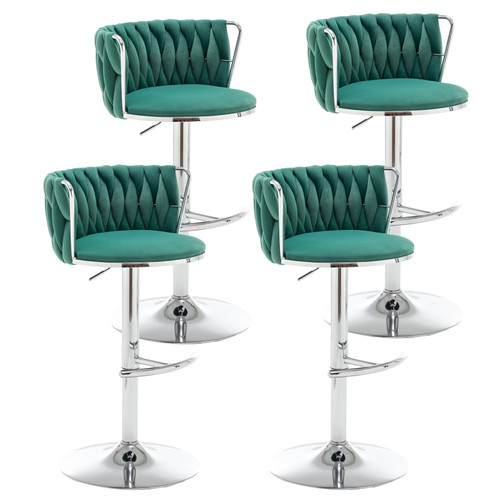 Velvet Bar Stools Set of 4, Swivel Counter Height Bar Stools with Back, Adjustable Woven Barstools for Kitchen Island, Pub, Club (Green)