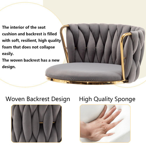 Gold Velvet Bar Stools Set of 4, Swivel Counter Height Bar Stools with Back, Adjustable Woven Barstools for Kitchen Island, Pub, Club (Grey)