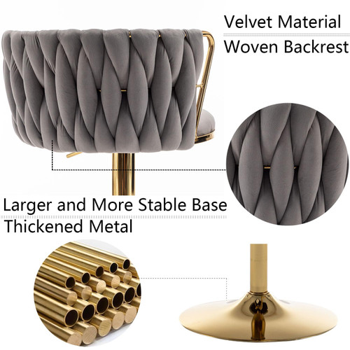 Gold Velvet Bar Stools Set of 4, Swivel Counter Height Bar Stools with Back, Adjustable Woven Barstools for Kitchen Island, Pub, Club (Grey)