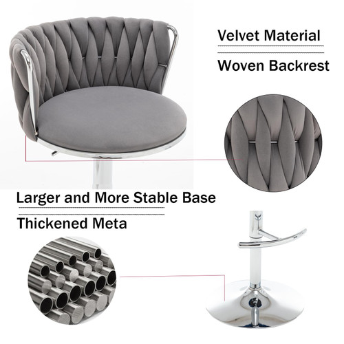 Bar Stools Set of 4, Swivel Counter Height Bar Stools with Back, Adjustable Woven Barstools for Kitchen Island, Pub, Club (Grey)