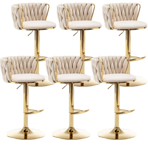 Gold Velvet Bar Stools Set of 6, Swivel Counter Height Bar Stools with Back, Adjustable Woven Barstools for Kitchen Island, Pub, Club (Beige)