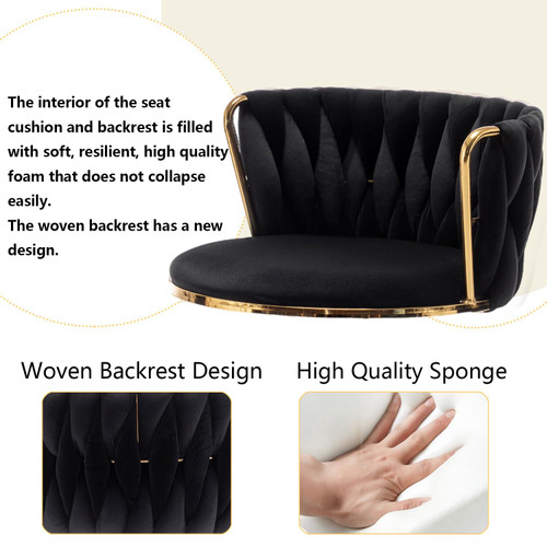 Gold Velvet Bar Stools Set of 6, Swivel Counter Height Bar Stools with Back, Adjustable Woven Barstools for Kitchen Island, Pub, Club (Black)