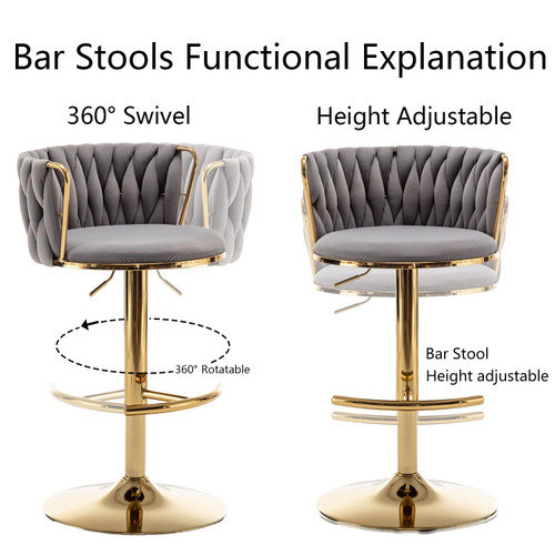Gold Velvet Bar Stools Set of 6, Swivel Counter Height Bar Stools with Back, Adjustable Woven Barstools for Kitchen Island, Pub, Club (Grey)