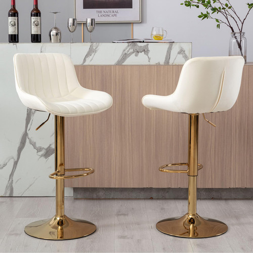 Velvet Bar Stools Set of 2 - Swivel Counter Height Barstools with Back & Adjustable Height, Modern Gold Kitchen Island Stools for Bar, Armless Pub Stools, Soft Beige Upholstered Seating