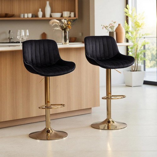 Velvet Bar Stools Set of 2 - Swivel Counter Height Barstools with Back & Adjustable Height, Modern Gold Kitchen Island Stools for Bar, Armless Pub Stools, Soft Black Upholstered Seating