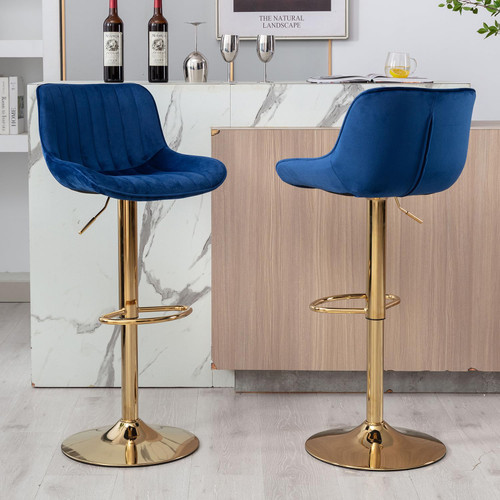 Velvet Bar Stools Set of 2 - Swivel Counter Height Barstools with Back & Adjustable Height, Modern Gold Kitchen Island Stools for Bar, Armless Pub Stools, Soft Blue Upholstered Seating