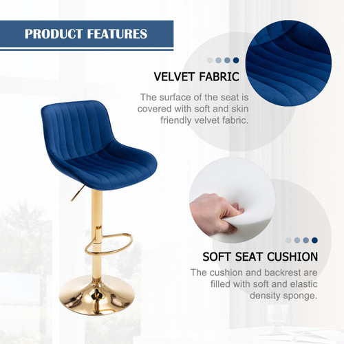 Velvet Bar Stools Set of 2 - Swivel Counter Height Barstools with Back & Adjustable Height, Modern Gold Kitchen Island Stools for Bar, Armless Pub Stools, Soft Blue Upholstered Seating