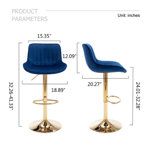 Velvet Bar Stools Set of 2 - Swivel Counter Height Barstools with Back & Adjustable Height, Modern Gold Kitchen Island Stools for Bar, Armless Pub Stools, Soft Blue Upholstered Seating