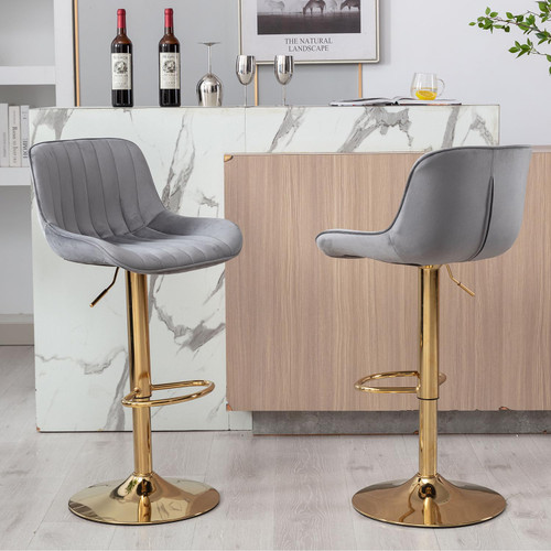 Velvet Bar Stools Set of 2 - Swivel Counter Height Barstools with Back & Adjustable Height, Modern Gold Kitchen Island Stools for Bar, Armless Pub Stools, Soft Grey Upholstered Seating