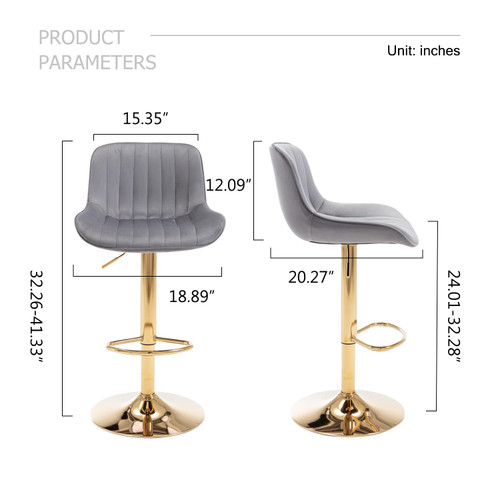 Velvet Bar Stools Set of 2 - Swivel Counter Height Barstools with Back & Adjustable Height, Modern Gold Kitchen Island Stools for Bar, Armless Pub Stools, Soft Grey Upholstered Seating